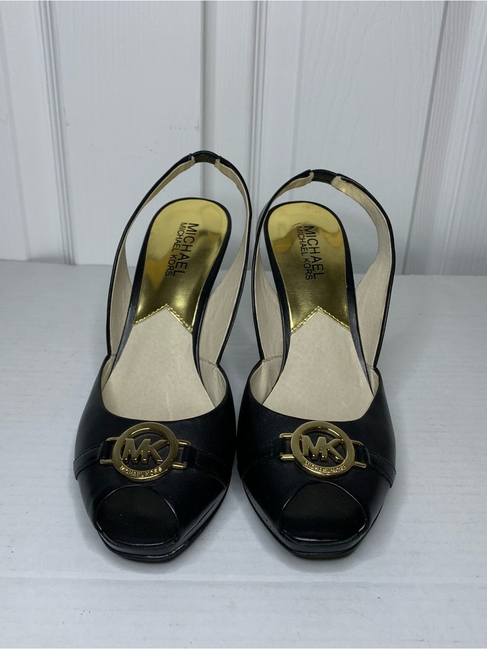 Michael Kors Black Leather Peep-Toe Slingback Wedge Pumps with Gold MK Emblem